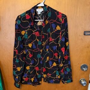 Talbots Black Button-Up Blouse with Multicolor Tassel & Chain Print